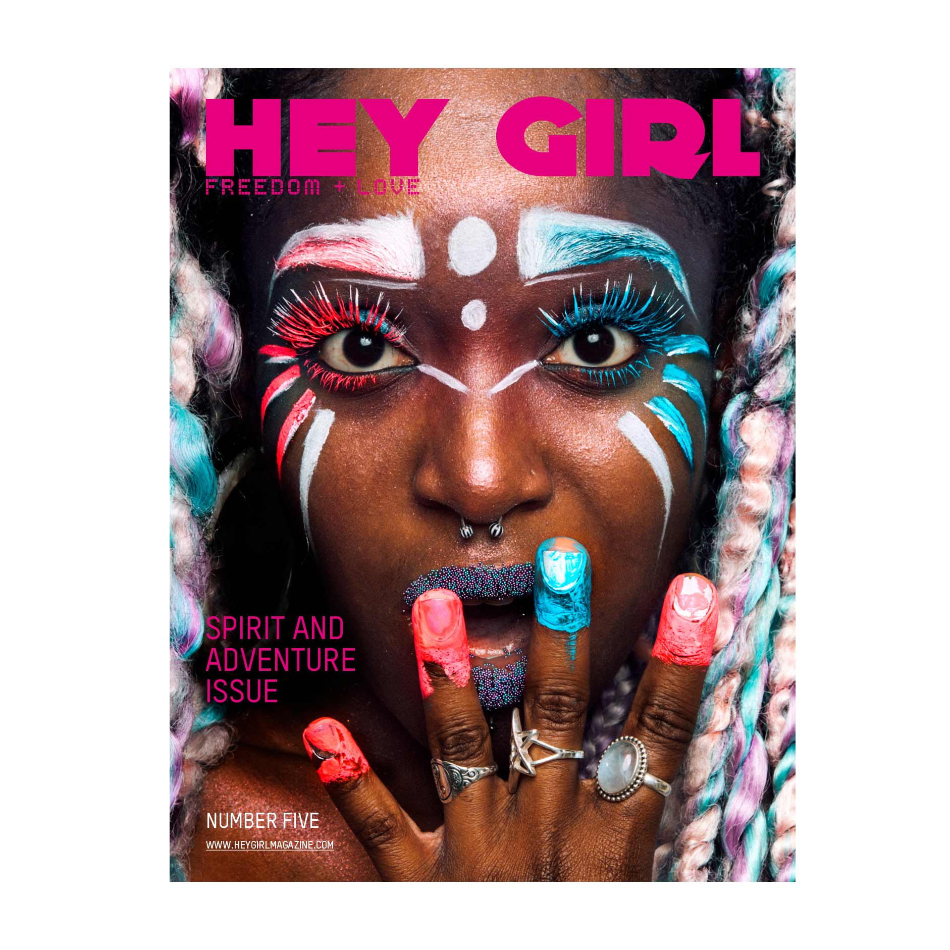 cover of hey girl magazine with a black women with painted colourful fingers and face.
