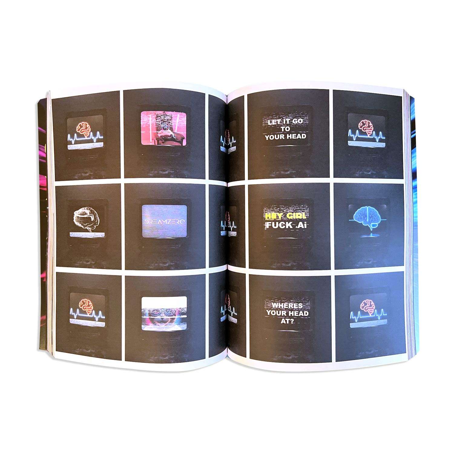 An open magazine spread showing a grid of nine retro TV screens on a dark background, each displaying vibrant graphics and statements such as 'LET IT GO TO YOUR HEAD,' 'HEY GIRL F**K-AI,' and 'WHERE'S YOUR HEAD AT?' The imagery features brain motifs, neon colours, and futuristic themes tied to creativity and technology.