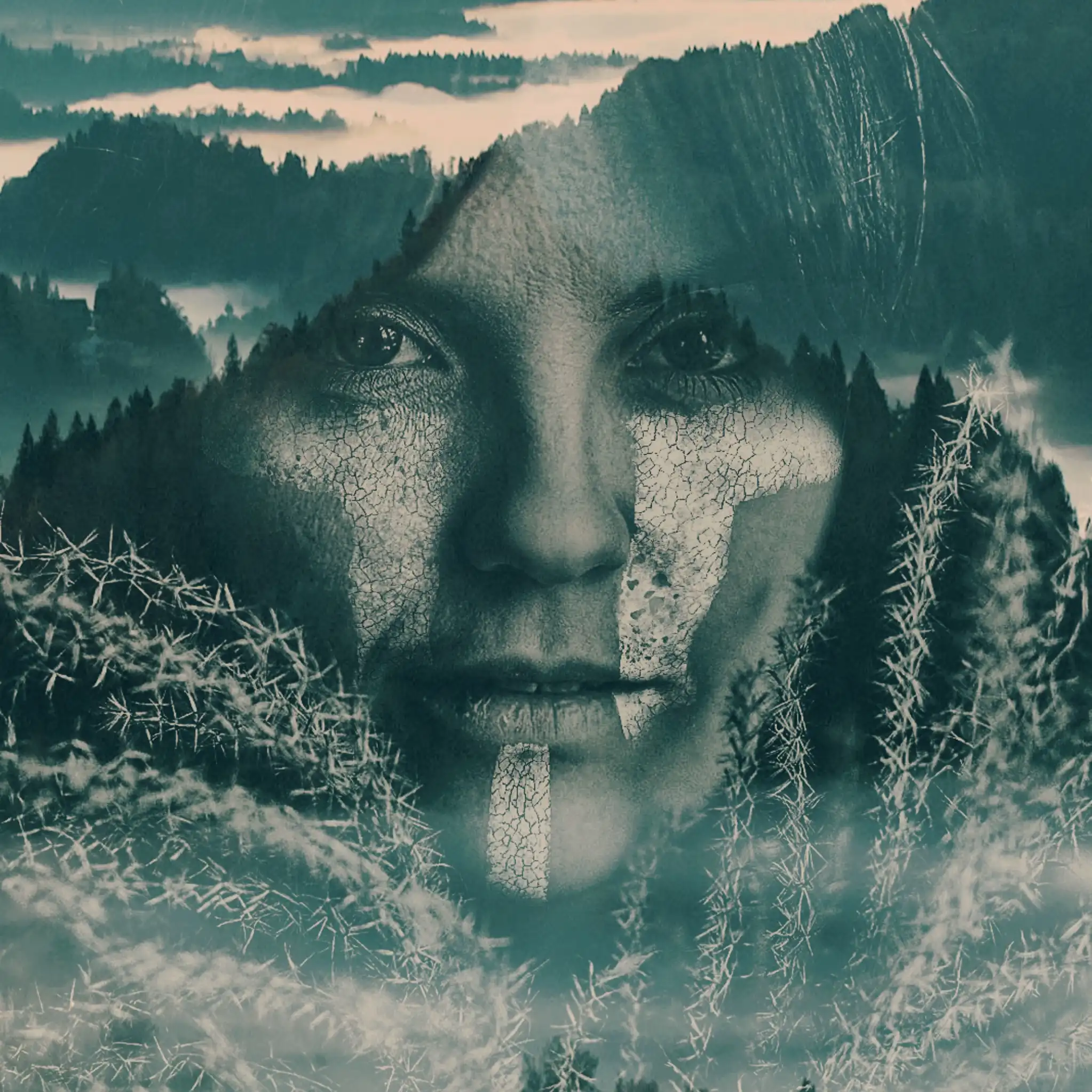 A double-exposure portrait of GAEYA, her face merging with a misty Nordic landscape of dark forests, mountains, and frost-tipped wild grasses. Cracked earth textures map across her skin, as if she is both made from the land and returning to it.