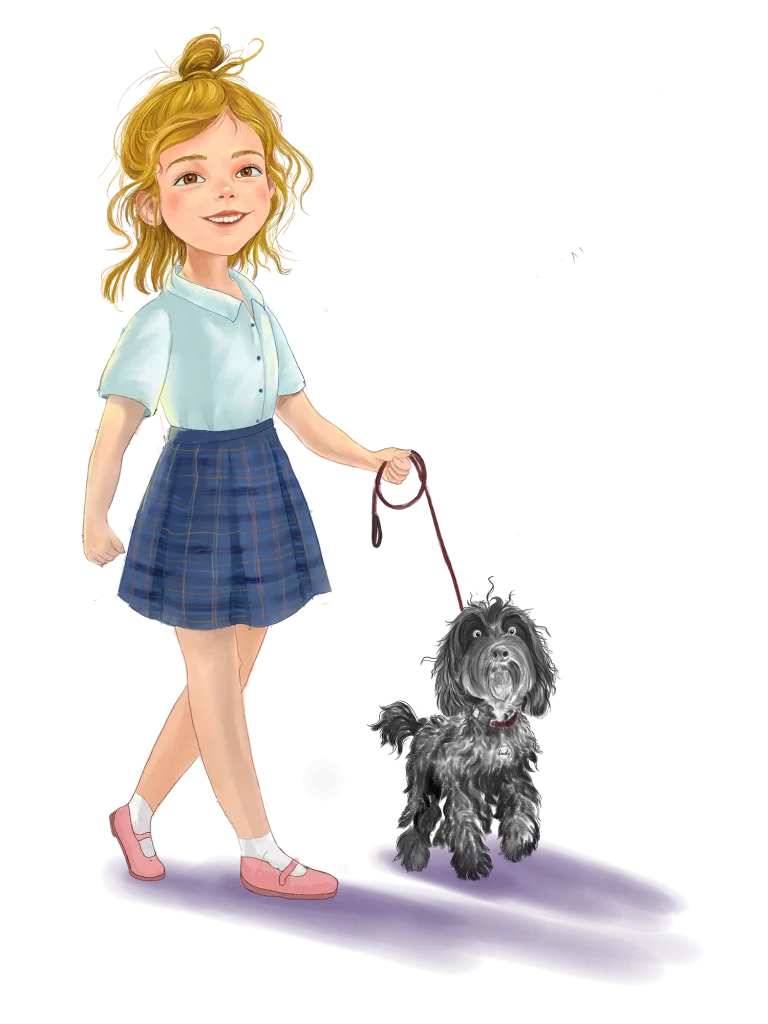 Illustration of Sophia Starr lifting a small black fluffy dog into the air, surrounded by falling pink flower petals. Art by Lily Liu.