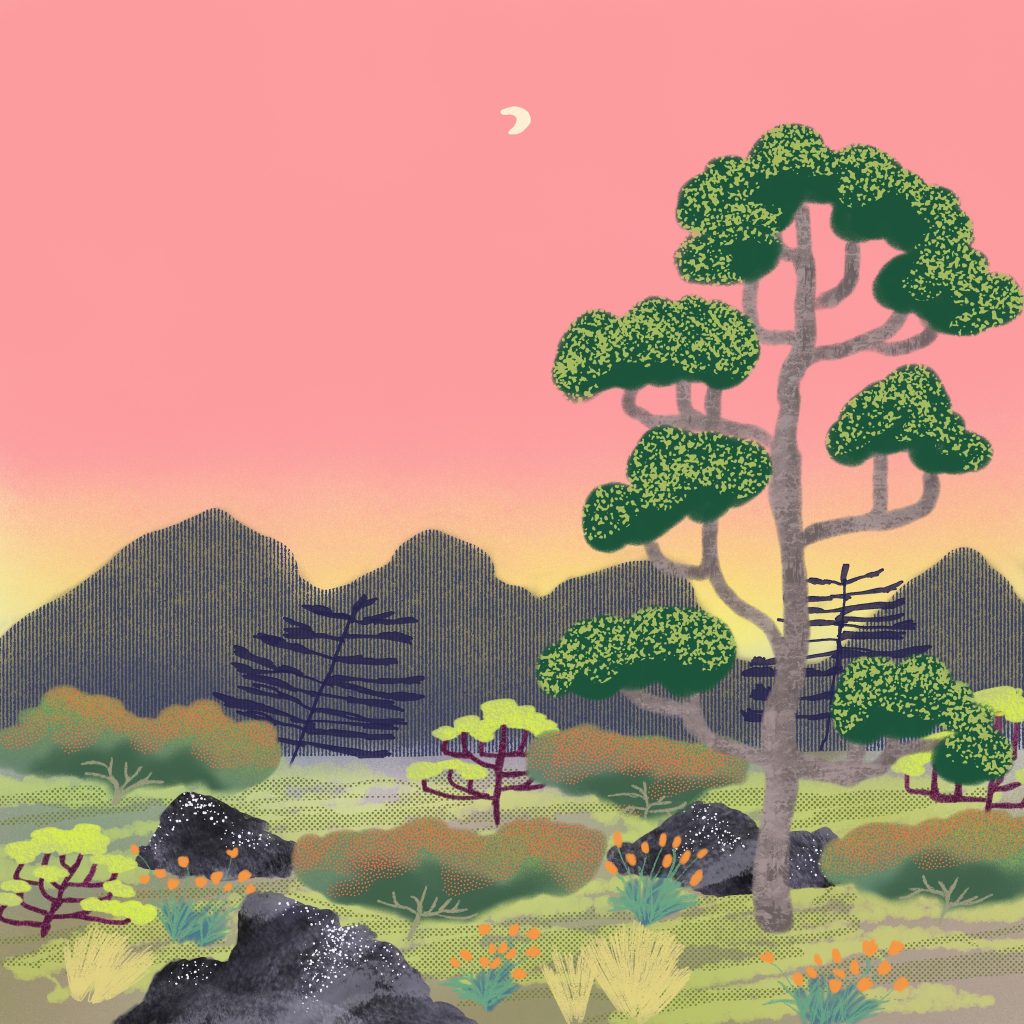 Illustrated sunset landscape with green trees and mountains, cover art for Ditt Hjärta by Ship Says Om and Emma Lucia